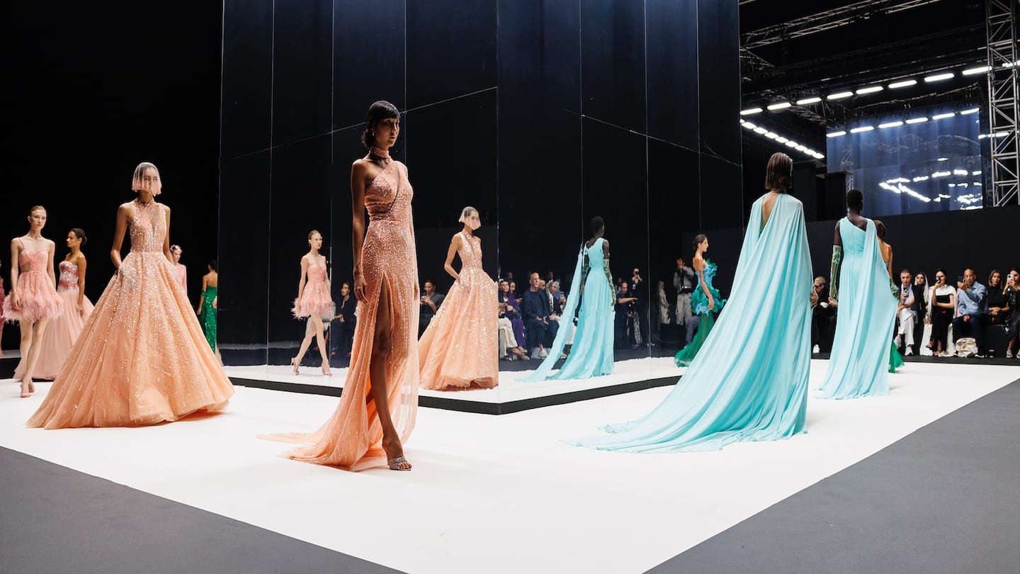 Models walk the Waad Aloqaili Couture show at the second edition of Riyadh Fashion Week in Riyadh, Saudi Arabia in October 2024.