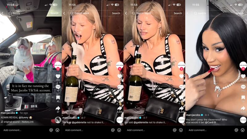 On the left is a screenshot of a dog sat on a woman's lap, then two images of Gabriette popping champagne in her face, then Cardi B with her finger to her lips. These are all screenshots from Marc Jacobs' TikTok account.