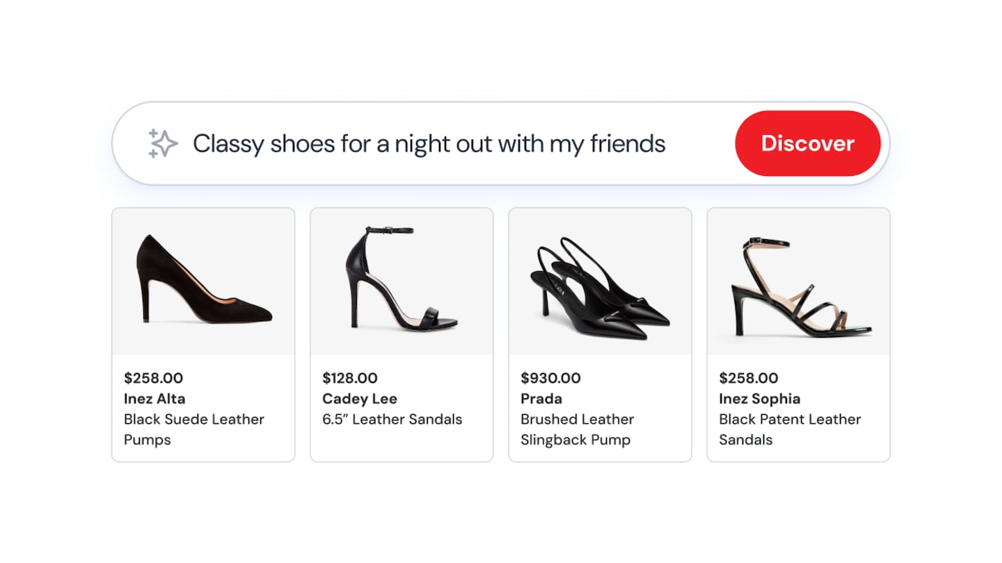 A user search for "classy shoes for a night out with my friends" returns four pairs of black heels in different styles.