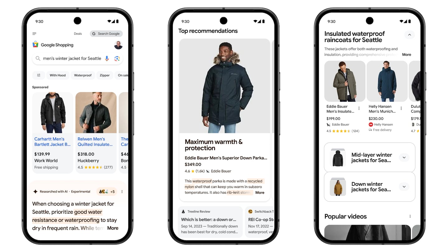 A triptych of mobile screens shows an example of Google's new AI shopping experience.