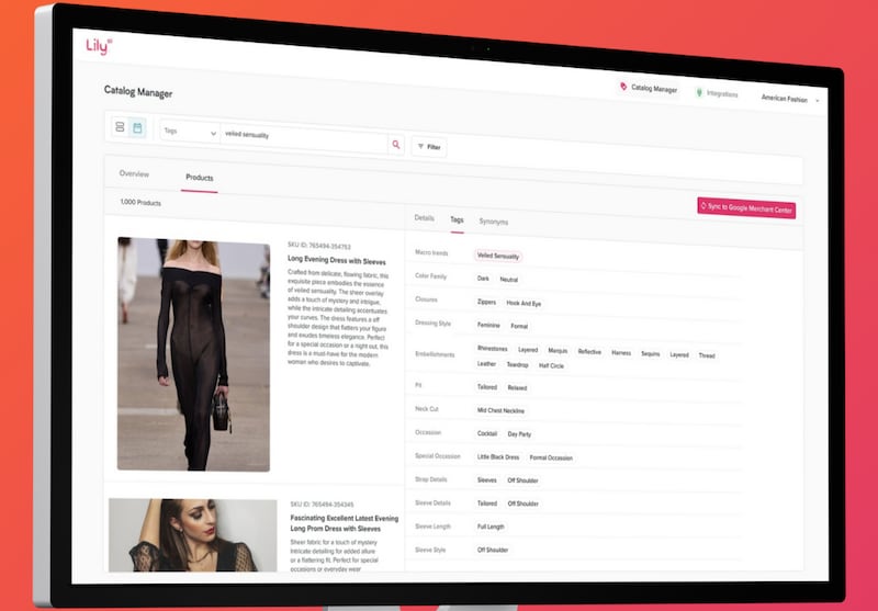 The Lily AI platform showing the different product attributes attached to a sheer black dress.