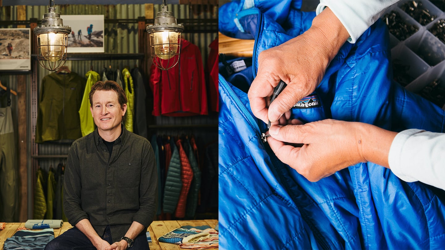 Patagonia CEO Ryan Gellert sits in a Patagonia store. In a next door picture, a pair of hands repair a bright blue Patagonia vest.