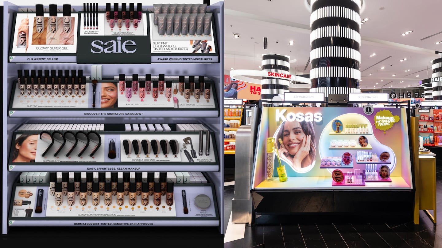 The new Sephora Dubai product bays for Saie (L) and Kosas (R).